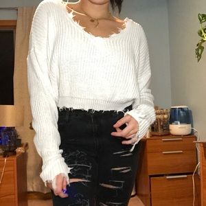 White distressed edge cropped knit sweater
